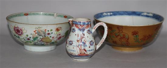 A Dutch enamelled Chinese export bowl & a cream jug, early 18th century, and an 18th century famille rose bowl with English inscription